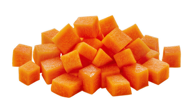 A vibrant pile of fresh orange diced carrots, healthy nutritious vegetable cubes isolated PNG on transparent background for culinary projects