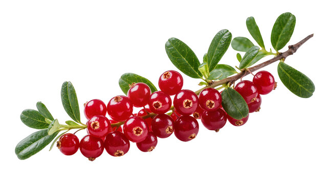 Vibrant red cranberries on a leafy branch, perfectly isolated PNG on transparent background, fresh forest berries for healthy food concepts