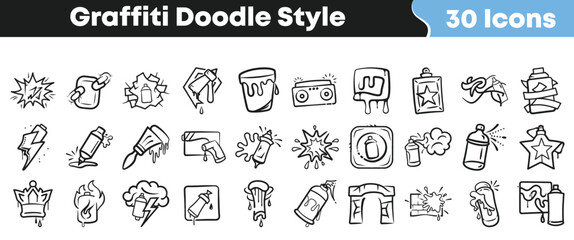Collection of thirty hand drawn black and white graffiti doodle style icons representing spray paint art and street culture elements. © Vectoravec