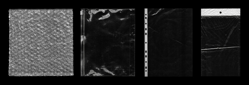 Clear Plastic Packaging Sleeves and Bubble Wrap Set. Assorted transparent packaging items on black background, including bubble wrap pouch, zip sleeve, and document protector. Photo