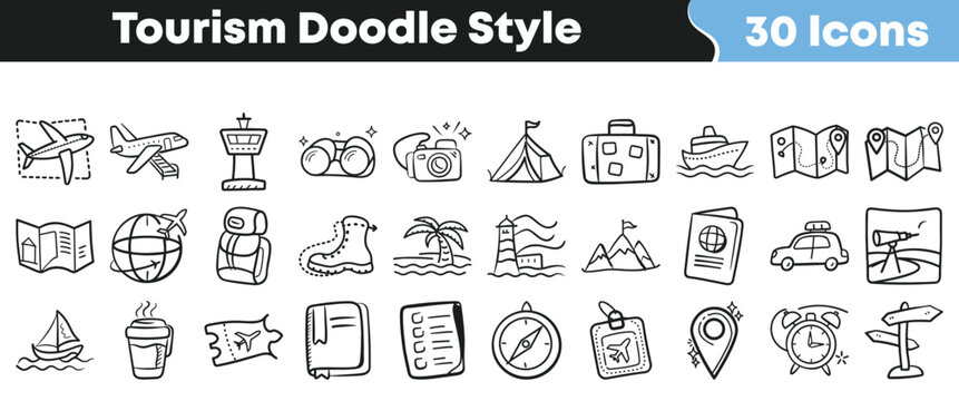 Collection of thirty hand drawn black and white doodle style icons representing various elements associated with travel and tourism activities.