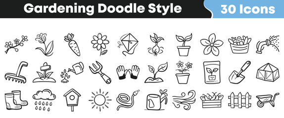 A delightful collection of thirty hand drawn gardening icons featuring tools plants and spring time elements in black outline style © Vectoravec