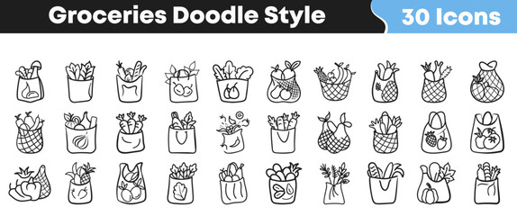 A collection of hand-drawn groceries and produce items in various shopping bags and baskets, rendered in a charming doodle style perfect for design projects and illustrations.