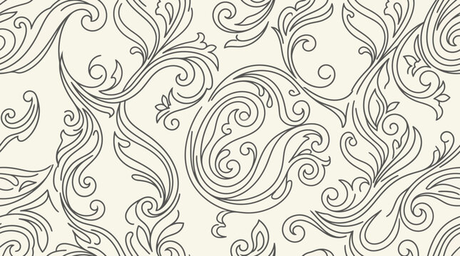 Elegant swirling paisley pattern with ornate arabesque motifs on beige background.
