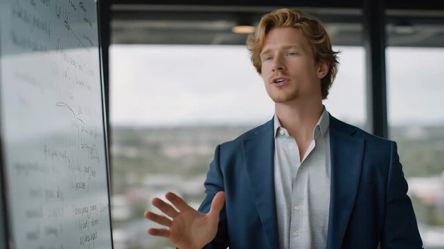 Young executive coach stands beside floor-to-ceiling windows overlooking spring cityscape, gesturing toward vision board covered in quarterly goals and handwritten breakthrough moments, perfect for