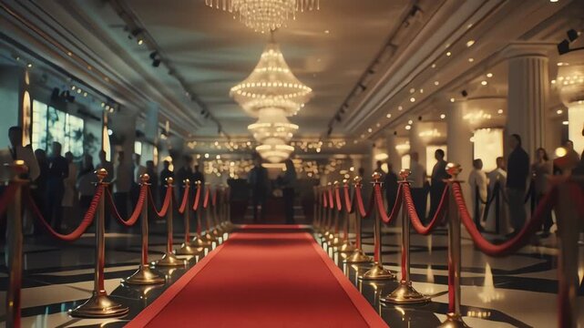 Grand entrance with red carpet and velvet ropes leading to a luxurious hall with chandeliers