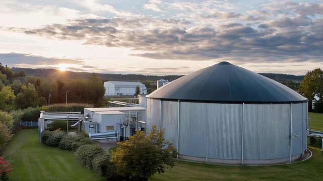 Anaerobic digester egg-shaped tank at wastewater treatment facility converting sewage into biogas fuel, gas collection dome and purification equipment, circular economy sanitation system, ideal for