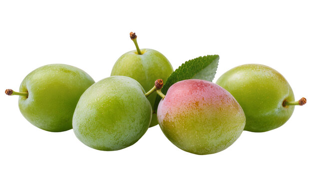 Five fresh green and reddish-green plums with a single green leaf and water droplets, perfectly ripe and isolated PNG on transparent background, healthy fruit