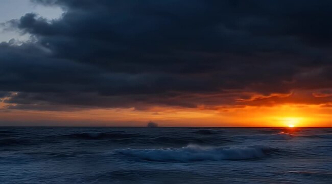 Lightning bolt striking stormy dark ocean, dramatic clouds against vibrant orange sunset