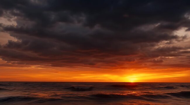 Dramatic ocean sunset with brilliant lightning illuminating stormy, dark orange clouds