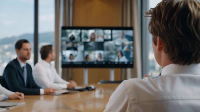 Corporate security team training employees to identify deepfake video calls using detection software shown on presentation screen in conference room with cityscape view, ideal for deepfake
