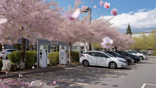 Electric vehicle charging station plaza at suburban shopping center during spring afternoon, multiple cars plugged into charging posts, blooming cherry trees nearby, perfect for transportation