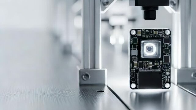 Industrial microscope inspecting electronic circuit board. Automated quality control system checking processor chip on motherboard during manufacturing process cycle.