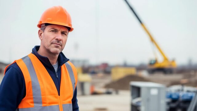 Man in hardhat and safety vest holding tools, looking at camera in a construction site for heating system repair footage.