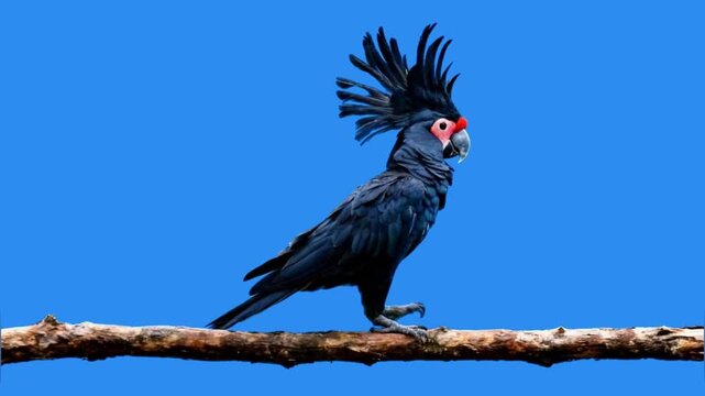 Black palm cockatoo walking side by side blue background