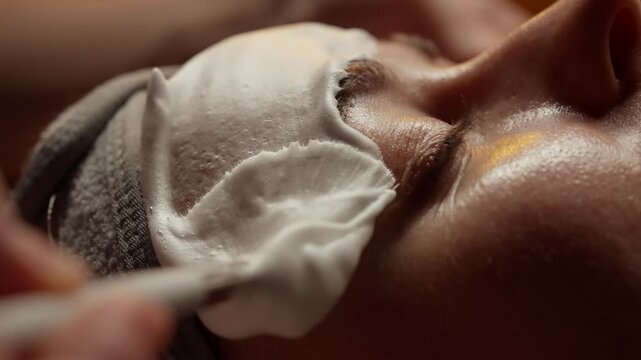 Close-up relaxing facial treatment with rich shaving cream applied to face in warm spa ambiance, highlighting skincare routine and soothing grooming experience