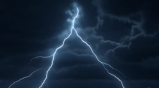A powerful lightning bolt splits into multiple bright electric streaks across a dark stormy sky