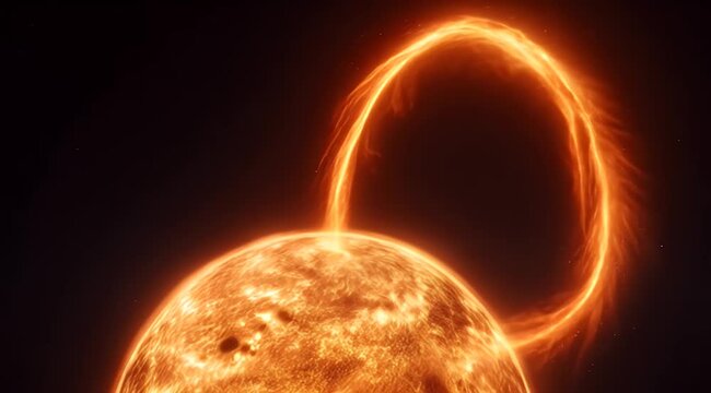 Glowing orange star, part visible, with a massive bright plasma loop arcing from its surface