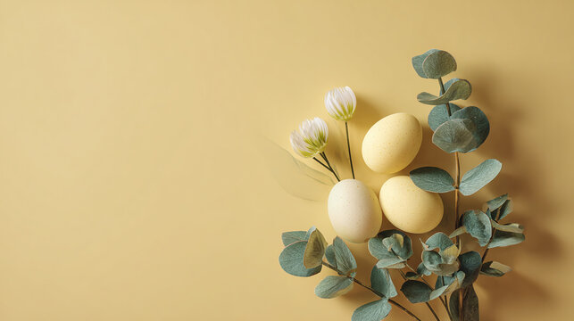 Pastel yellow easter eggs with white clover and eucalyptus leaves on a soft background.