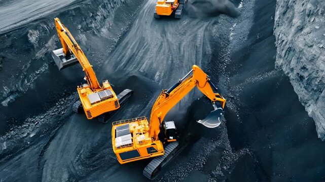 Three orange diggers in an open pit coal mine moving and scooping material from above view, showing mining activity footage