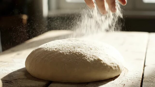 Baking Bread Sprinkling Flour on Dough for Homemade Loaf.