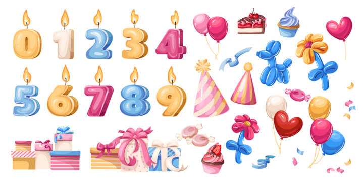 Festive birthday set with number candles, balloons, gifts, sweets, party hats and decorative elements in bright cartoon style, creating a fun celebration mood, vector illustration