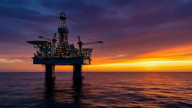 Oil rig in sea at sunset. Offshore drilling platform exploring fuel energy. Industrial structure in ocean against orange sky, petroleum production facility view.