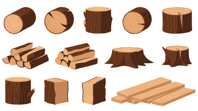 Large set of various wooden logs tree stumps and timber planks for carpentry and forestry industries shown as icons.