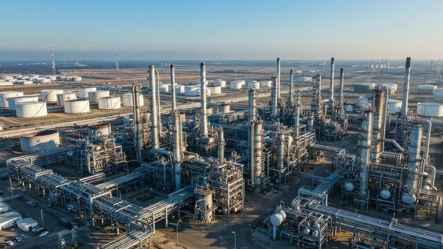 Industrial oil refinery with metal pipes and storage tanks. Large chemical plant complex at dawn. Aerial view of infrastructure for fuel production and energy.
