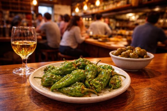 Pimientos de Padr&oacute;n in lebendiger spanischer Tapas-Bar serviert
Gebratene gr&uuml;ne Padr&oacute;n Paprika mit Meersalz in einer lebendigen spanischen Tapas-Bar.
