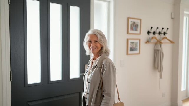 Elegant senior woman at doorway. Welcoming home atmosphere, warm tones. Mature female looking forward. Cozy interior design, inviting entry. Calm and peaceful home setting.