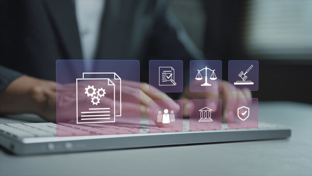Legal compliance and governance concept. Person typing keyboard with law regulation and compliance icons, corporate governance, regulatory adherence and business accountability.