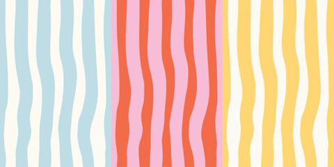 Modern irregular seamless patterns set, colorful hand-drawn textures with striped prints. Red, yellow, blue, pink and white. Beautiful abstract print for textile, wrappimg paper. Birthday, scrapbook. © Anna