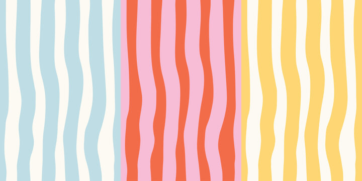 Modern irregular seamless patterns set, colorful hand-drawn textures with striped prints. Red, yellow, blue, pink and white. Beautiful abstract print for textile, wrappimg paper. Birthday, scrapbook.