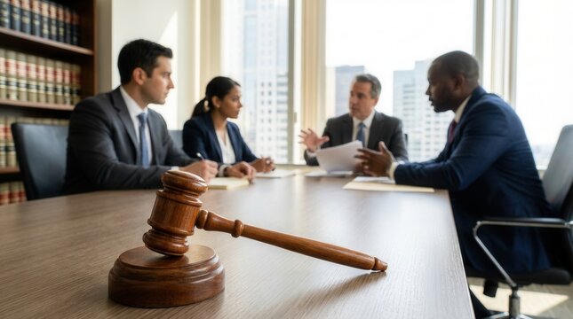 Legal Professionals In Discussion Meeting With Gavel In Foreground