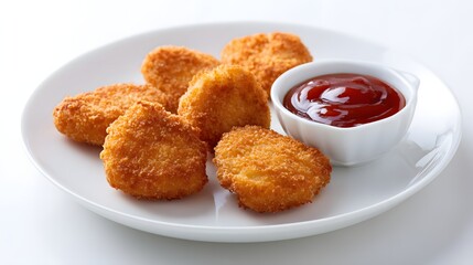 Crispy Golden Chicken Nuggets on White Ceramic Plate with Tomato Ketchup Dipping Sauce