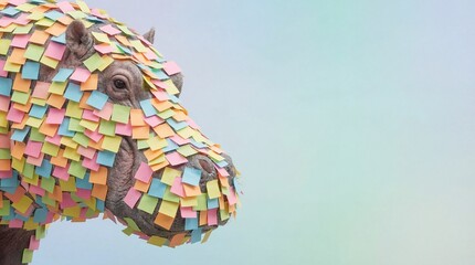 Fototapeta premium Hippopotamus covered in colorful sticky notes on minimalist pastel background surreal office concept