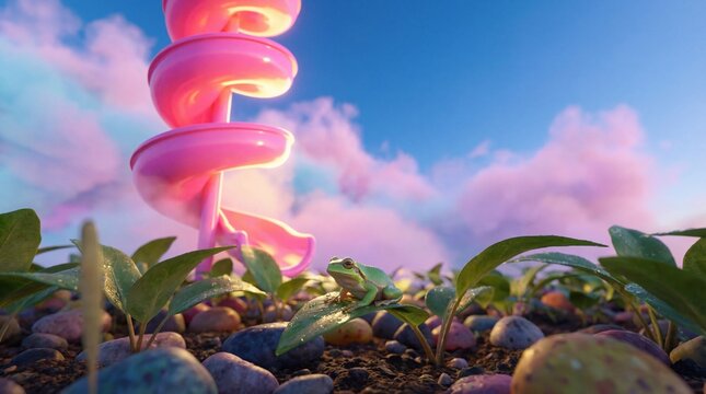 Tiny green frog looking at pink spiral playground slide in garden surreal concept