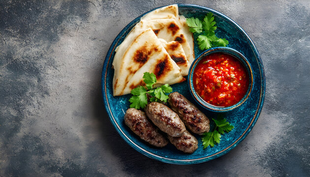 Kofta meat kebabs with pita bread, tomato sauce, and coriander on blue plate top view on light beige