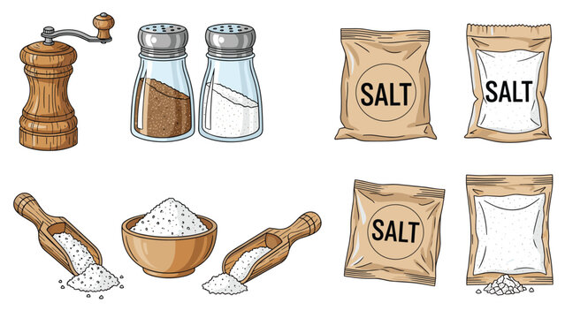 Comprehensive collection of salt products including shakers wooden grinders small packets and bowls of sea salt and pepper.