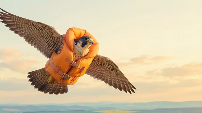 Peregrine falcon flying while wearing orange life jacket over landscape surreal concept