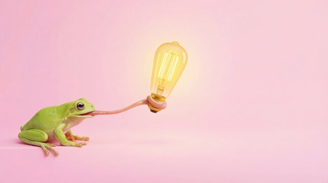 Green tree frog catching a glowing light bulb with its tongue on pink background surreal concept