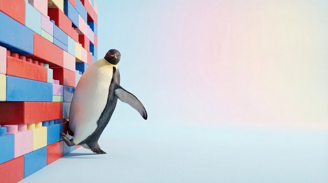 Penguin leaning against wall made of colorful plastic toy blocks surreal concept
