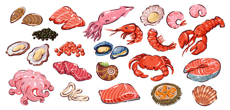 Luxury seafood food set with shrimp, lobster, crab, octopus, squid, mussels, oysters, scallops, salmon, caviar and shellfish, premium gourmet ingredients, cartoon vector illustration