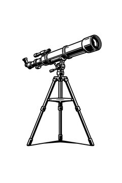 Detailed black and white vector illustration of a classic astronomical refractor telescope mounted on a robust, adjustable tripod. Perfect for stargazing, planetary observation, deep space exploration
