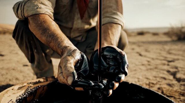 Man holding hands under flowing crude oil in desert. Industrial extraction of fossil fuel resource. Raw material production activity in natural wilderness area.