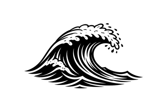 Black and white stylized ocean wave illustration, capturing the powerful crest and dynamic spray of a breaking sea, ideal for marine-themed designs, surf art, and nautical decor applications.