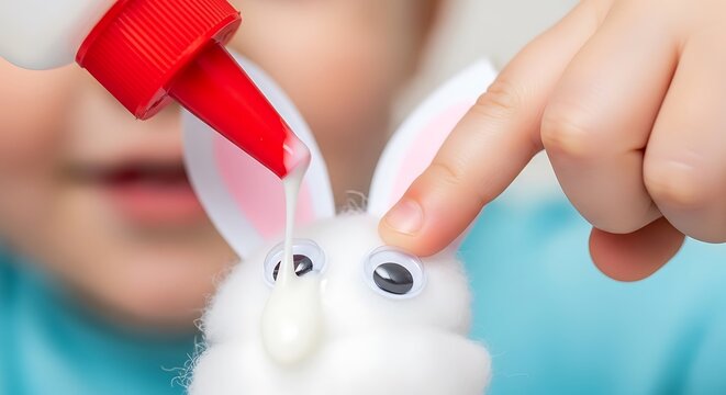 Child using white glue for a DIY Easter bunny craft