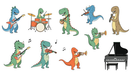 Fototapeta premium Fun collection of colorful dinosaurs playing different musical instruments including guitar drums violin trumpet and piano.