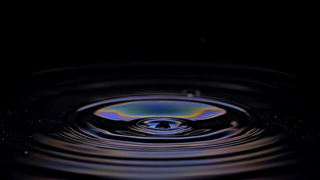 Water drop falling into liquid surface creating circular ripple. High speed splash effect showing fluid dynamics and concentric wave formation. Scientific research.
